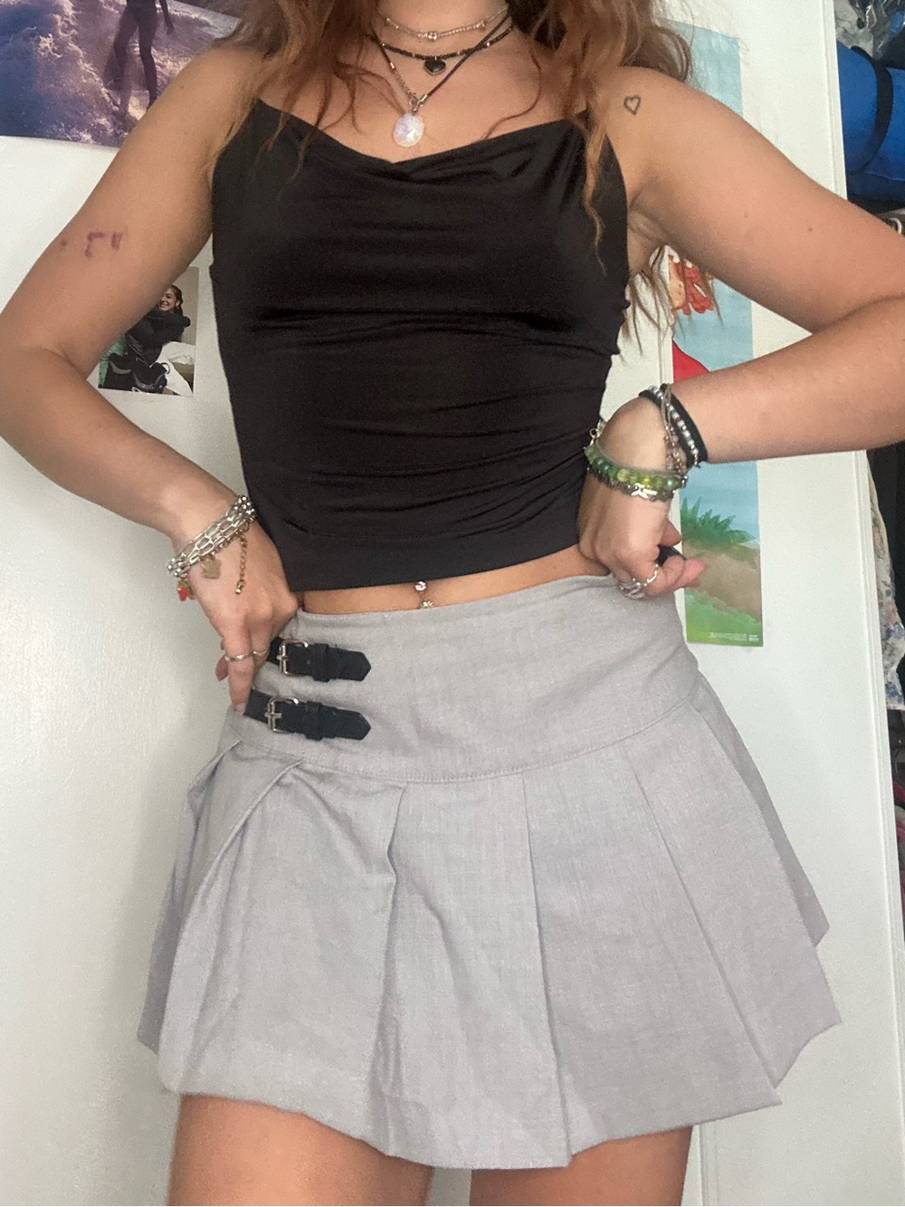 BROWN AND GREY BUCKLE PLEATED SKIRTS TWO FOR ONE PRICE